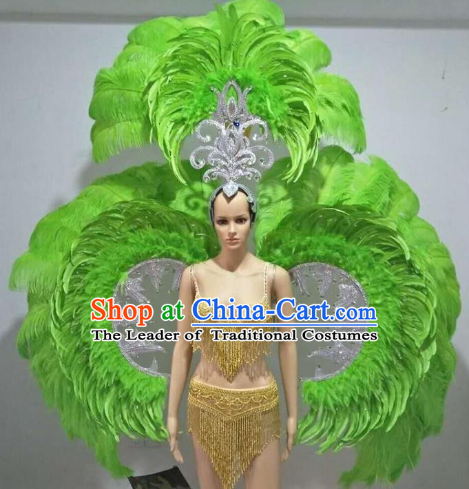 Top Grade Professional Performance Catwalks Swimsuit Costumes with Wings Headpiece, Traditional Brazilian Rio Carnival Samba Suits Modern Fancywork Green Feather Bikini for Women