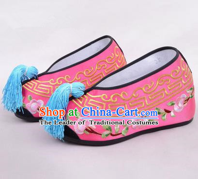 Chinese Ancient Peking Opera Young Lady Embroidered Hua Tan Shoes, Traditional China Beijing Opera Princess Wedding Rosy Embroidered Shoes