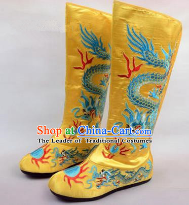 Chinese Ancient Peking Opera King Embroidered Dragon High Leg Boots, Traditional China Beijing Opera Emperor Yellow Embroidered Steller Shoes