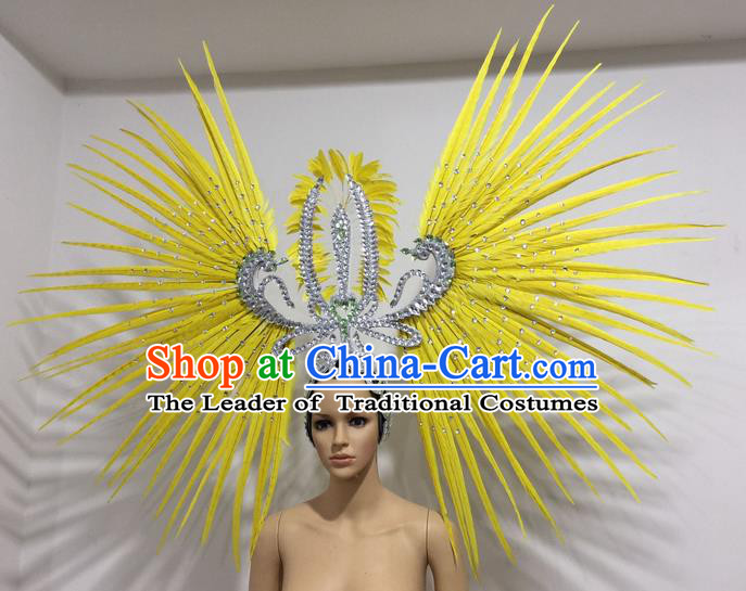 Top Grade Professional Stage Show Giant Headpiece Parade Hair Accessories Decorations, Brazilian Rio Carnival Samba Opening Dance Yellow Feather Headdress for Women