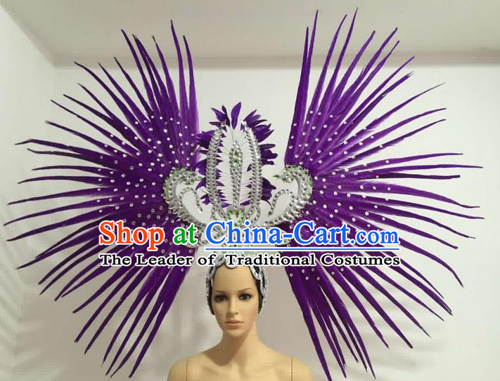 Top Grade Professional Stage Show Giant Headpiece Parade Hair Accessories Decorations, Brazilian Rio Carnival Samba Opening Dance Purple Feather Headdress for Women