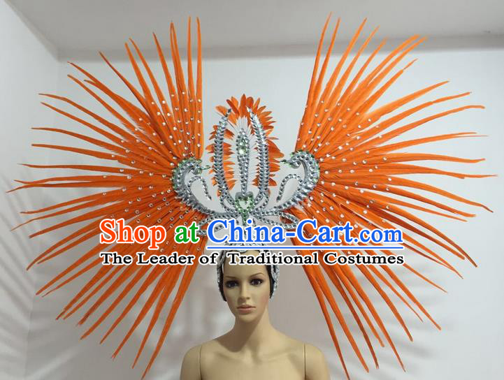 Top Grade Professional Stage Show Giant Headpiece Parade Hair Accessories Decorations, Brazilian Rio Carnival Samba Opening Dance Orange Feather Headdress for Women