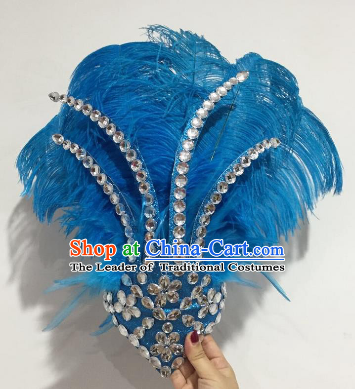 Top Grade Professional Stage Show Halloween Hair Accessories Decorations, Brazilian Rio Carnival Parade Samba Opening Dance Blue Feather Headpiece for Women