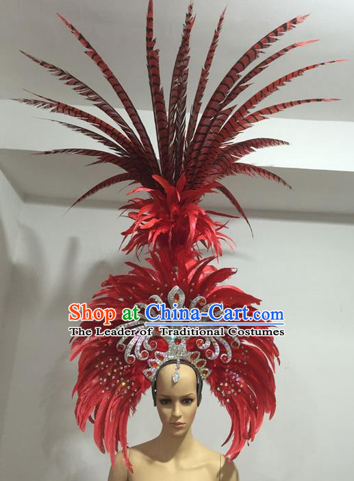 Top Grade Professional Stage Show Giant Headpiece Parade Hair Accessories Deluxe Decorations, Brazilian Rio Carnival Samba Opening Dance Red Feather Headwear for Women