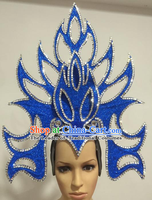 Top Grade Professional Stage Show Giant Headpiece Parade Hair Accessories Decorations, Brazilian Rio Carnival Samba Opening Dance Blue Headwear for Women