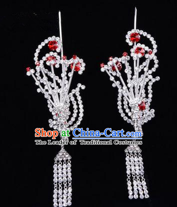 Chinese Ancient Peking Opera Hair Accessories Young Lady Diva Tassel Phoenix Headwear, Traditional Chinese Beijing Opera Head Ornaments Hua Tan Red Crystal Hairpins