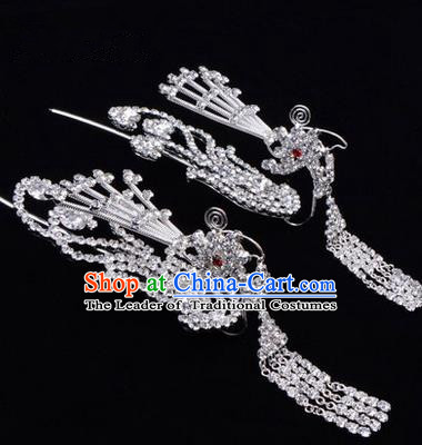 Chinese Ancient Peking Opera Hair Accessories Young Lady Diva Tassel Phoenix Headwear, Traditional Chinese Beijing Opera Head Ornaments Hua Tan White Crystal Hairpins