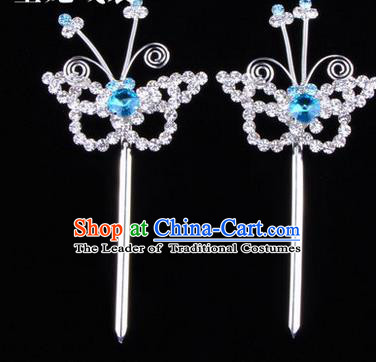 Chinese Ancient Peking Opera Hair Accessories Young Lady Diva Butterfly Headwear, Traditional Chinese Beijing Opera Head Ornaments Hua Tan Blue Crystal Hairpins