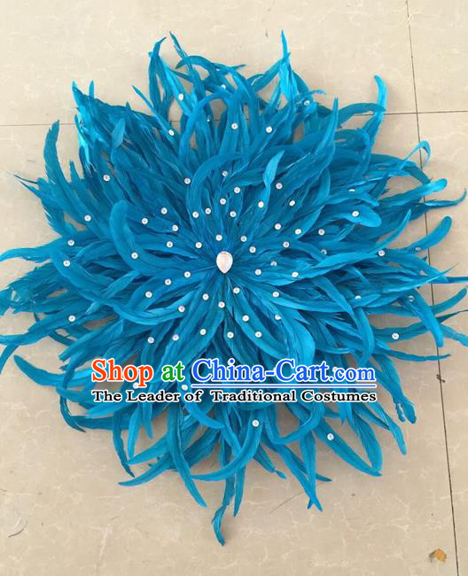Top Grade Professional Stage Show Halloween Parade Blue Feather Hair Accessories, Brazilian Rio Carnival Parade Samba Dance Catwalks Headpiece for Women