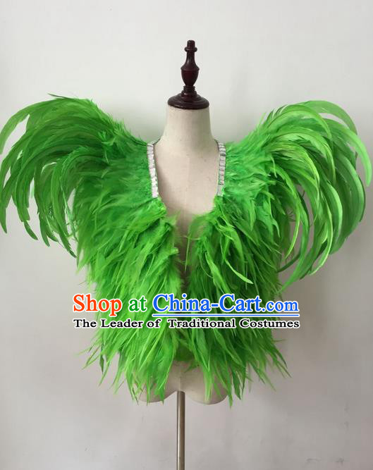Top Grade Professional Stage Show Halloween Parade Costumes, Brazilian Rio Carnival Parade Samba Dance Catwalks Green Feather Clothing for Kids