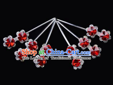 Chinese Ancient Peking Opera Hair Accessories Young Lady Diva Head Ornaments, Traditional Chinese Beijing Opera Hua Tan Red Crystal Double Bead Hairpins