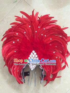 Top Grade Professional Stage Show Halloween Parade Red Feather Deluxe Hair Accessories, Brazilian Rio Carnival Samba Dance Modern Fancywork Headwear for Women