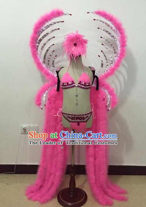 Top Grade Professional Performance Catwalks Bikini Costume and Wings, Traditional Brazilian Rio Carnival Samba Modern Fancywork Pink Feather Swimsuit for Kids