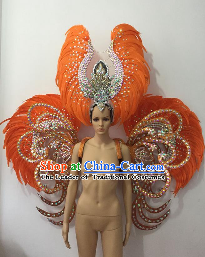 Top Grade Professional Stage Show Halloween Parade Orange Feather Deluxe Butterfly Wings and Hair Accessories, Brazilian Rio Carnival Samba Dance Modern Fancywork Backplane for Women