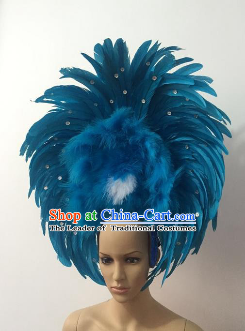 Top Grade Professional Stage Show Halloween Parade Blue Feather Headwear, Brazilian Rio Carnival Samba Dance Modern Fancywork Hair Accessories Headpiece for Women