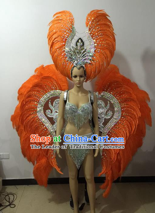 Top Grade Professional Performance Catwalks Bikini Wings Costume and Headpiece, Traditional Brazilian Rio Carnival Samba Modern Fancywork Orange Feather Swimsuit for Women
