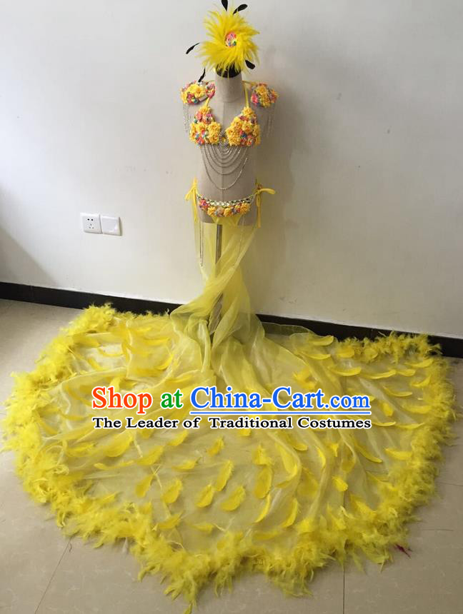 Top Grade Professional Performance Catwalks Bikini Costume and Headpiece, Traditional Brazilian Rio Carnival Samba Modern Fancywork Yellow Feather Trailing Swimsuit for Kids