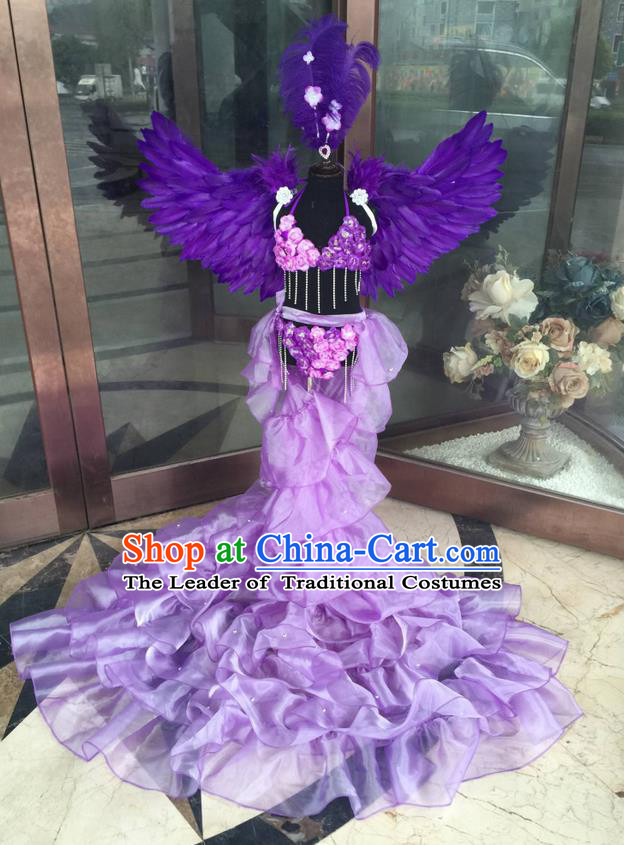 Top Grade Professional Performance Catwalks Bikini Costume and Headpiece, Traditional Brazilian Rio Carnival Samba Modern Fancywork Purple Feather Trailing Swimsuit for Kids