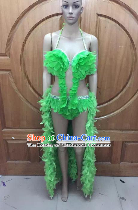 Top Grade Professional Performance Catwalks Green Feather Bikini Costume, Traditional Brazilian Rio Carnival Samba Dance Modern Fancywork Swimsuit Costume for Women