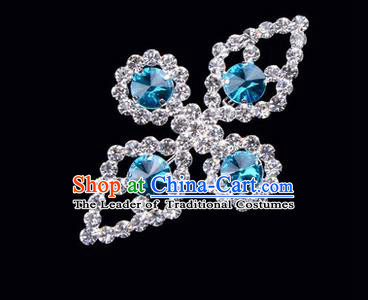 Chinese Ancient Peking Opera Jewelry Accessories Young Lady Diva Bowknot Brooch, Traditional Chinese Beijing Opera Hua Tan Blue Crystal Breastpin