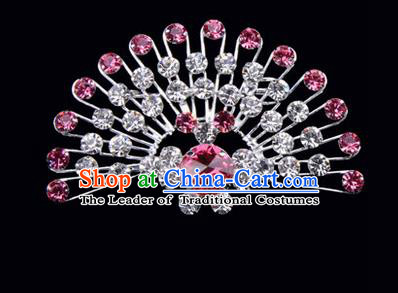Chinese Ancient Peking Opera Jewelry Accessories Young Lady Diva Peacock Brooch Collar Button, Traditional Chinese Beijing Opera Hua Tan Pink Crystal Breastpin