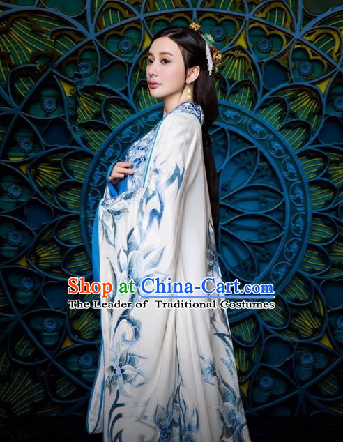 Traditional Ancient Chinese Imperial Princess Costume and Handmade Headpiece Complete Set, Elegant Hanfu Chinese Southern and Northern Dynasty Young Lady Embroidered Trailing Clothing