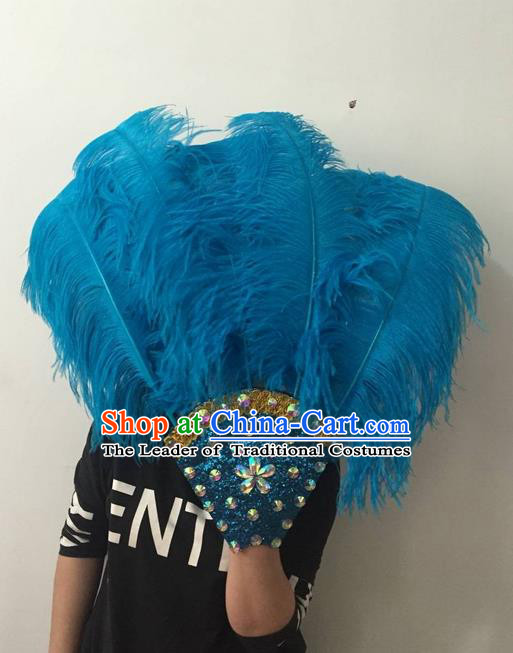 Top Grade Professional Stage Show Halloween Parade Blue Feather Big Hair Accessories, Brazilian Rio Carnival Samba Dance Modern Fancywork Headdress for Women