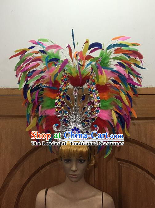 Top Grade Professional Stage Show Halloween Parade Colorful Feather Big Hair Accessories, Brazilian Rio Carnival Samba Dance Modern Fancywork Crystal Giant Headdress for Women