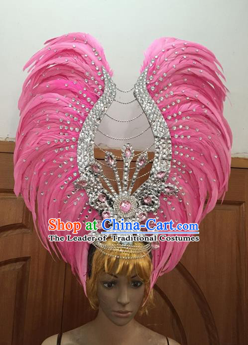 Top Grade Professional Stage Show Halloween Parade Big Hair Accessories, Brazilian Rio Carnival Samba Dance Modern Fancywork Golden Pink Feather Headdress Decorations for Women