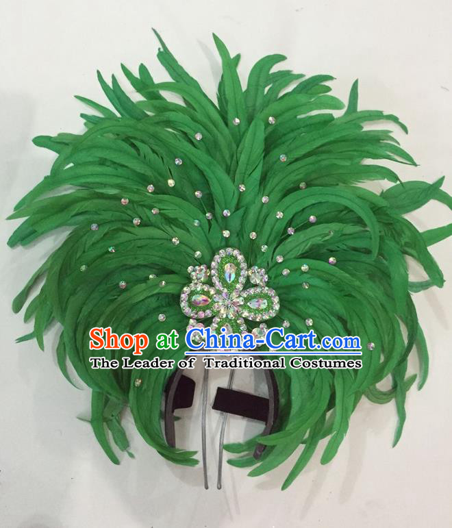 Top Grade Brazilian Rio Carnival Samba Dance Hair Accessories Giant Headpiece Headwear, Halloween Parade Big Green Feather Headdress for Women