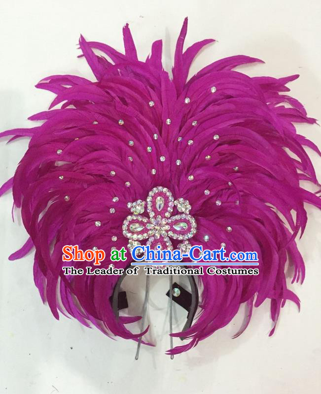 Top Grade Brazilian Rio Carnival Samba Dance Hair Accessories Giant Headpiece Headwear, Halloween Parade Big Rosy Feather Headdress for Women