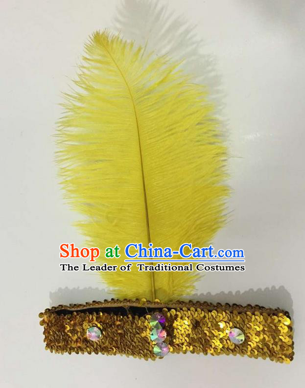 Top Grade Brazilian Rio Carnival Samba Dance Yellow Feather Hair Accessories Headpiece, Halloween Parade Crystal Headwear for Women