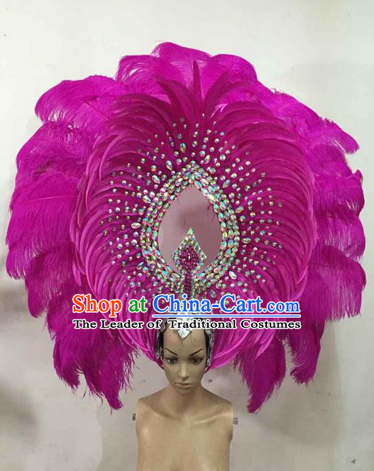 Top Grade Brazilian Rio Carnival Samba Dance Rosy Feather Big Hair Accessories Deluxe Headpiece, Halloween Parade Giant Headwear for Women