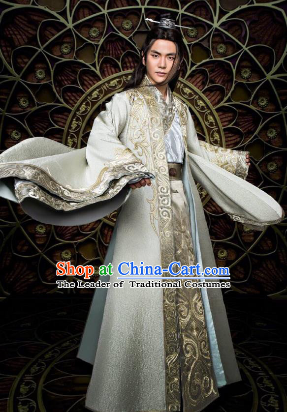 Traditional Ancient Chinese Nobility Childe Costume and Handmade Headpiece Complete Set, Elegant Hanfu Chinese Southern and Northern Dynasty Swordsman Robe Clothing