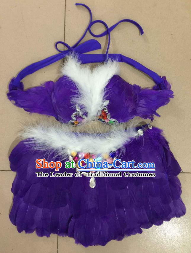Top Grade Professional Performance Catwalks Costume Purple Feather Bikini, Traditional Brazilian Rio Carnival Samba Dance Modern Fancywork Swimsuit for Women