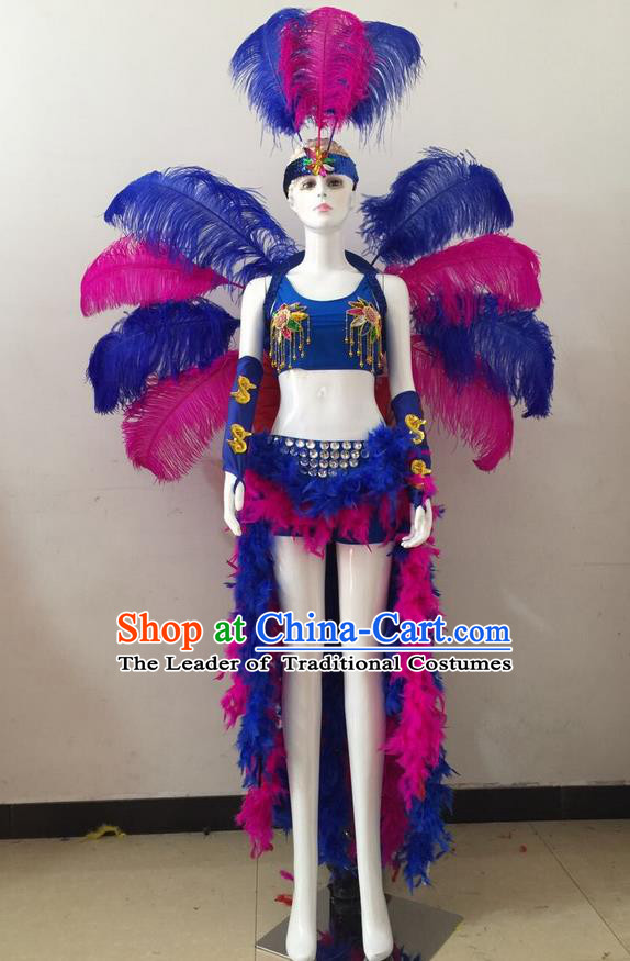 Top Grade Professional Performance Catwalks Rosy and Blue Feather Bikini and Headwear Wings, Brazilian Rio Carnival Samba Opening Dance Swimsuit Clothing for Women