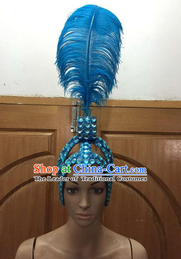 Top Grade Brazilian Rio Carnival Samba Dance Blue Feathers Hair Accessories Headpiece, Halloween Parade Feather Decorations Headwear for Women