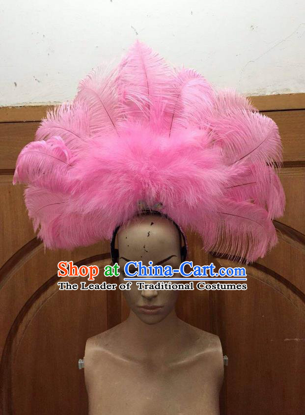 Top Grade Professional Performance Catwalks Pink Feathers Deluxe Hair Accessories, Brazilian Rio Carnival Parade Samba Dance Headdress for Women