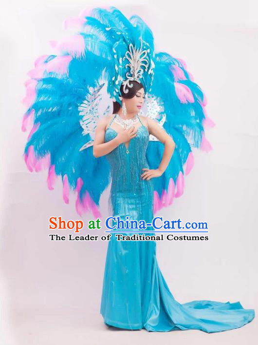 Top Grade Compere Professional Performance Catwalks Blue Feathers Wings and Headwear, Brazilian Rio Carnival Samba Opening Dance Modern Fancywork Feather Decorations
