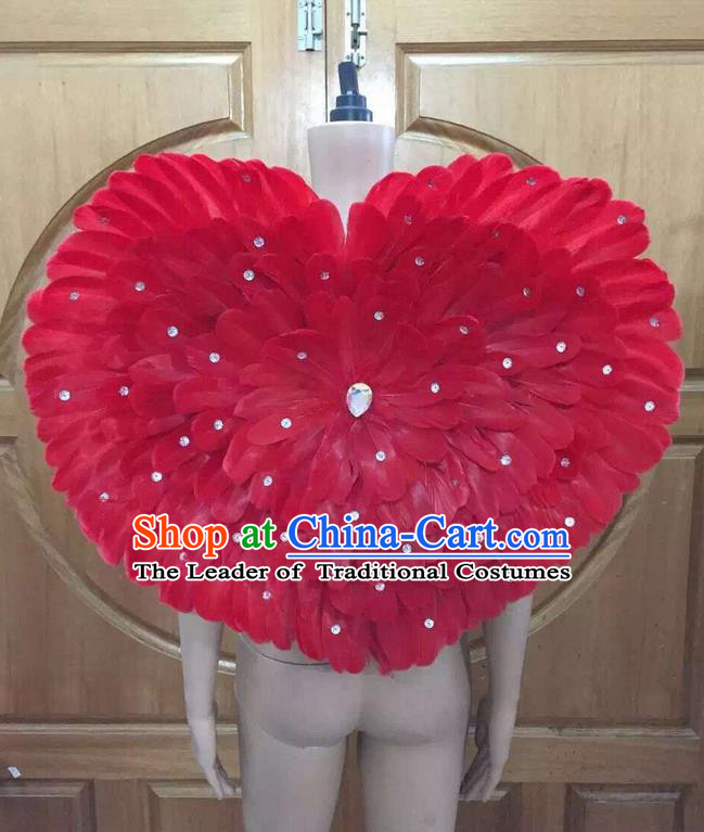 Top Grade Professional Performance Catwalks Red Feathers Decorations Heart-shaped Backplane, Brazilian Rio Carnival Parade Samba Dance Props for Women