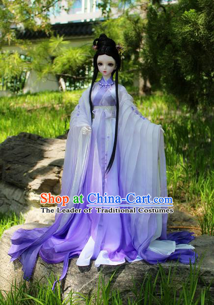 Top Grade Traditional China Ancient Female Fairy Costumes Complete Set, China Ancient Cosplay Tang Dynasty Princess Purple Dress Hanfu Clothing for Adults and Kids