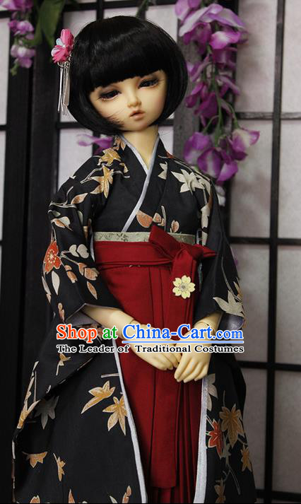 Top Grade Traditional Japan Kimono Costumes Complete Set, Ancient Japanese Kimono Cosplay Black Clothing for Adults and Kids