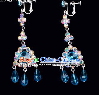 Chinese Ancient Peking Opera Head Accessories Young Lady Diva Colorful Crystal Blue Tassel Earrings, Traditional Chinese Beijing Opera Hua Tan Ear Pendants