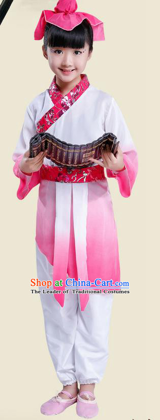 Top Grade Chinese Ancient Scholar Costume and Headwear Complete Set, Children Disciple Gauge Performance Pink Clothing for Kids