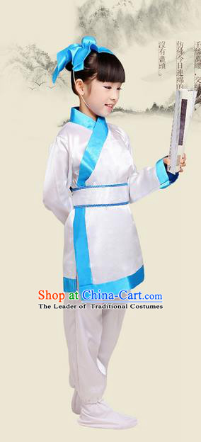 Top Grade Chinese Ancient Scholar Costume and Headwear Complete Set, Children Three Character Classic Performance White Clothing for Kids