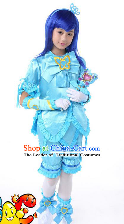 Top Grade Chinese Professional Halloween Performance Little Fairy Costume Complete Set, Children Cosplay Princess Blue Bubble Dress for Kids
