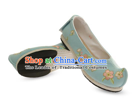 Chinese Ancient Peking Opera Young Lady Shoes, Traditional Chinese Beijing Opera Ancient Princess Hanfu Cloth Blue Shoes for Women