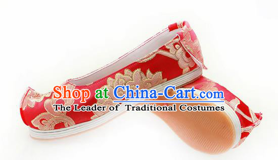 Chinese Ancient Peking Opera Young Lady Wedding Shoes, Traditional Chinese Ancient Princess Hanfu Cloth Shoes Bride Red Bow Shoes for Women