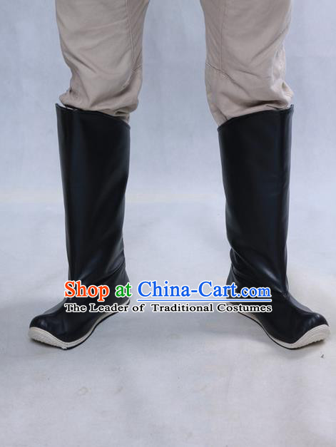 Chinese Ancient Peking Opera Officer Boots, Traditional Chinese Ancient Ming Dynasty Hanfu Leather Shoes Black Boots for Men