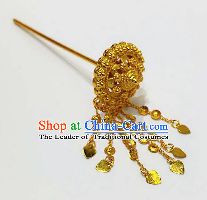 Traditional Thailand Ancient Handmade Hair Accessories Headpiece, Traditional Thai China Dai Nationality Tassel Hairpins Golden Hair Sticks for Women